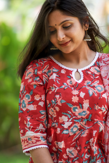 Red and white floral pure cotton kurta set with Kota Doria dupatta