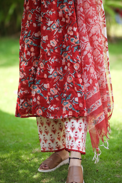 Red and white floral pure cotton kurta set with Kota Doria dupatta