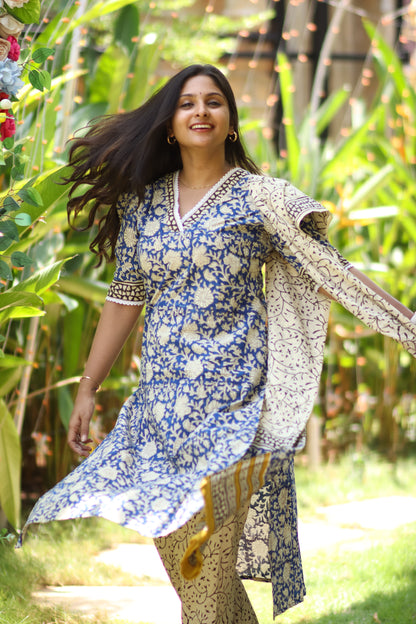 Floral blue Jaipur cotton women kurta set