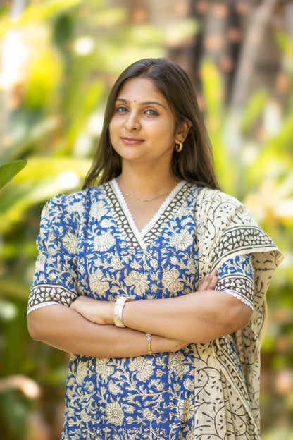 Floral blue Jaipur cotton women kurta set
