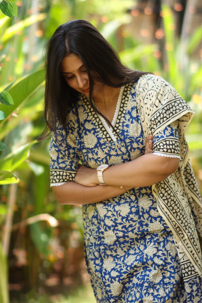 Floral blue Jaipur cotton women kurta set