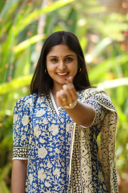 Floral blue Jaipur cotton women kurta set