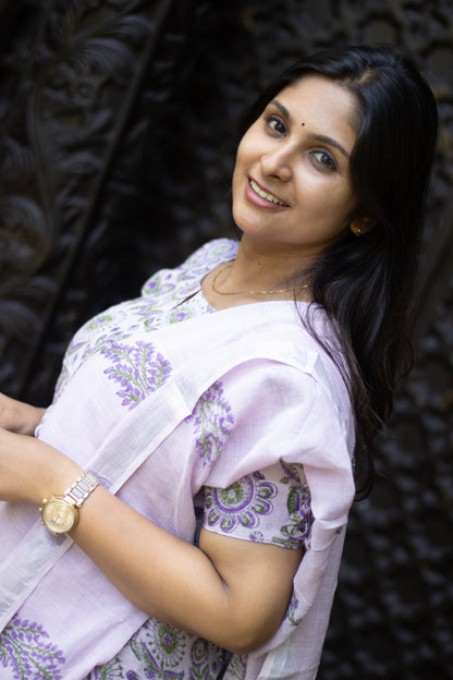 Mauve floral linen cotton women kurta set