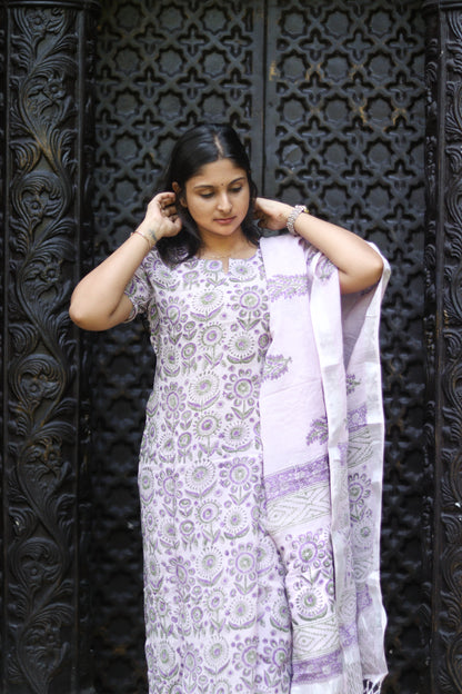 Mauve floral linen cotton women kurta set
