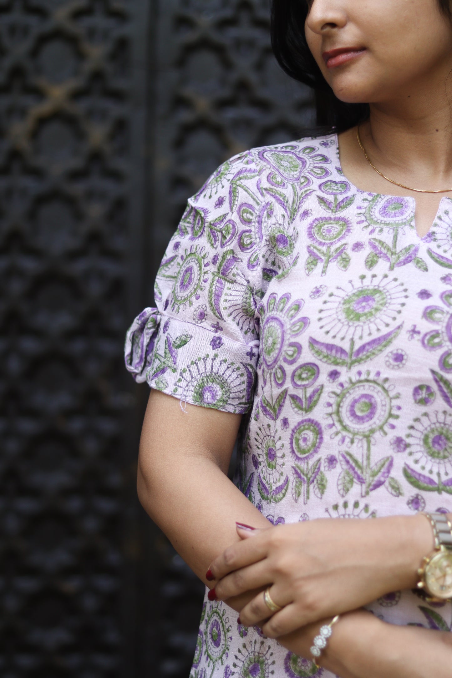Mauve floral linen cotton women kurta set