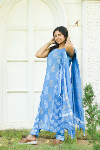 Floral blue linen cotton women kurta set with lining(sleeves attached inside)