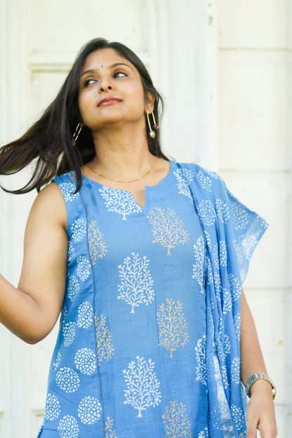 Floral blue linen cotton women kurta set with lining(sleeves attached inside)