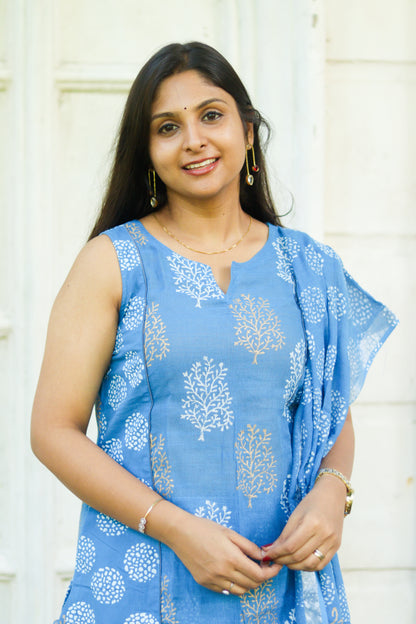 Floral blue linen cotton women kurta set with lining(sleeves attached inside)