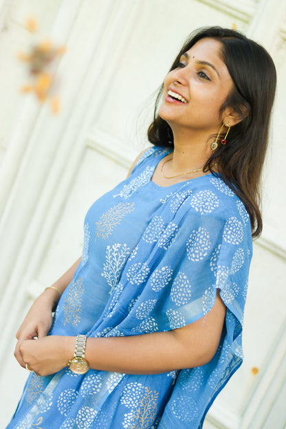 Floral blue linen cotton women kurta set with lining(sleeves attached inside)