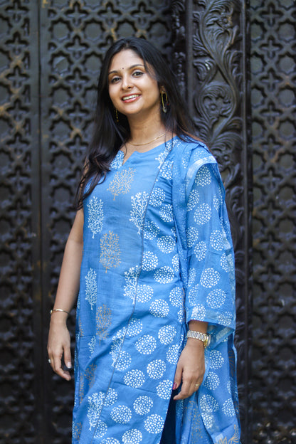 Floral blue linen cotton women kurta set with lining(sleeves attached inside)