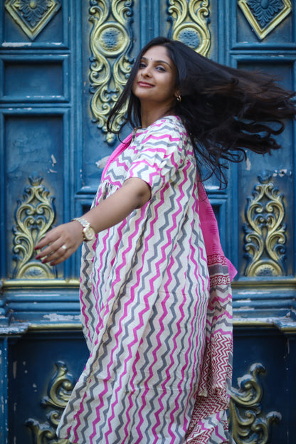 Cream pink pure cotton women kurta set