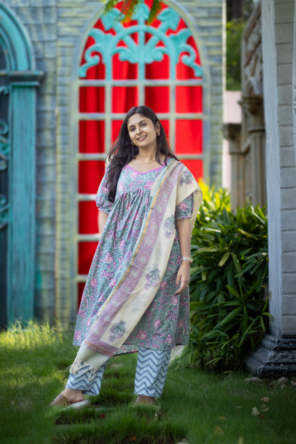 Floral pink and cream pure Jaipur cotton kurta set