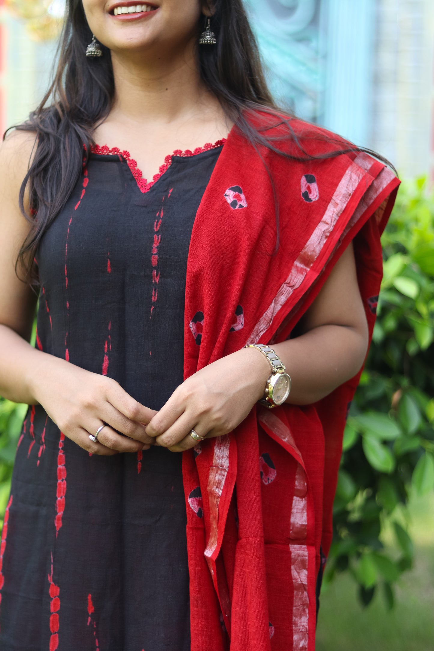 Red & black pure linen cotton women kurta set (sleeves attached)