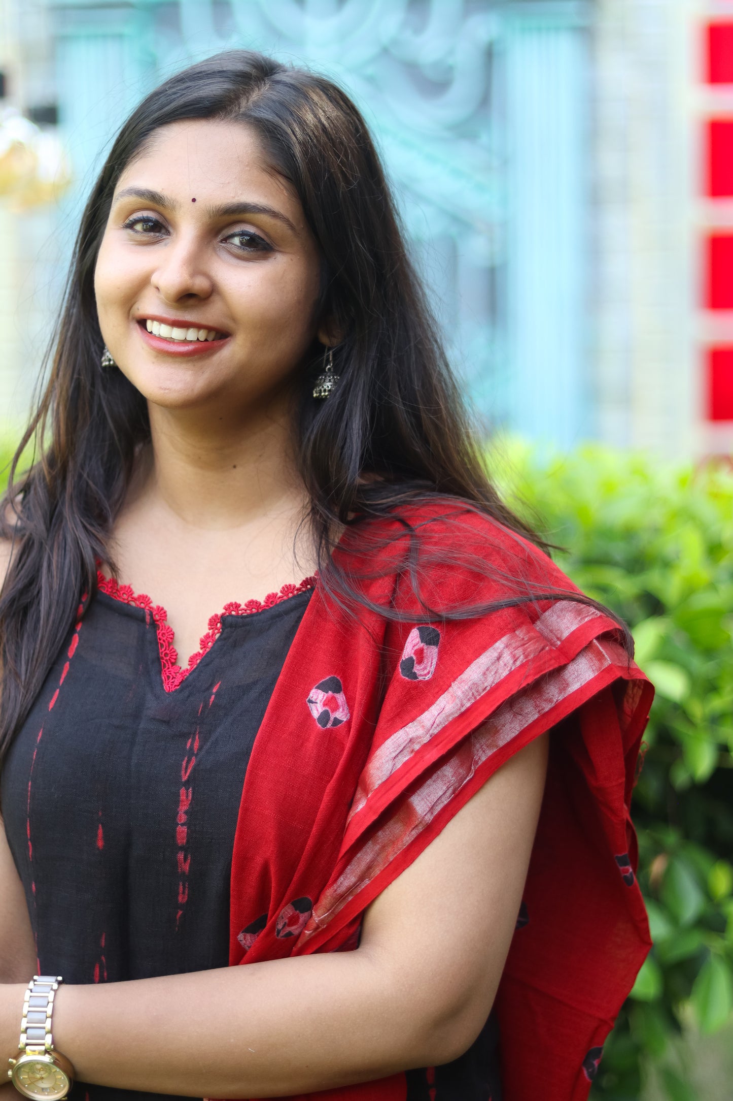 Red & black pure linen cotton women kurta set (sleeves attached)