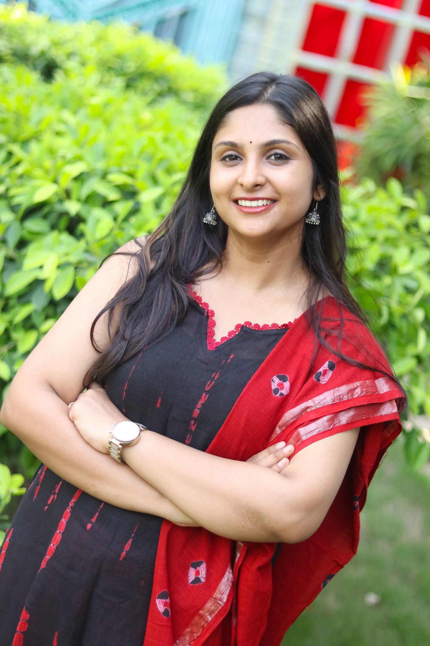 Red & black pure linen cotton women kurta set (sleeves attached)