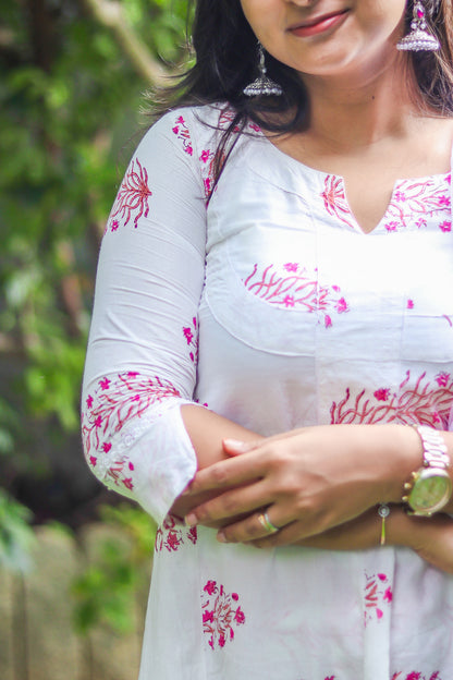White & pinky Jaipur cotton workwear kurta sets