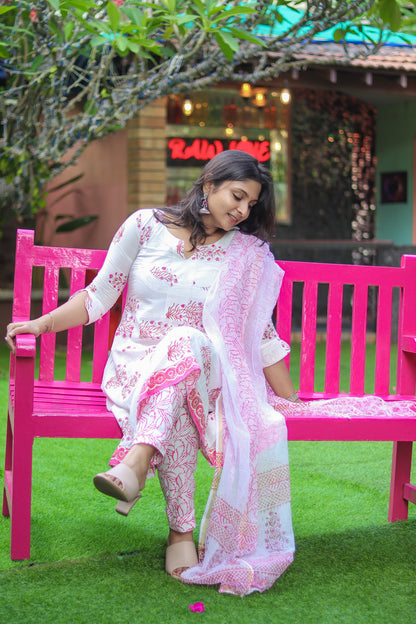 White & pinky Jaipur cotton workwear kurta sets
