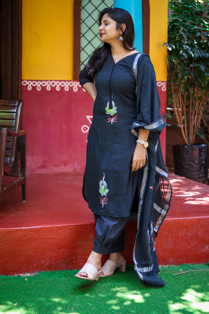 Black linen cotton workwear kurta sets with lining