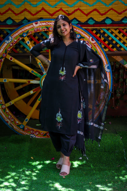 Black linen cotton workwear kurta sets with lining