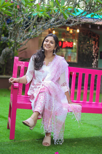 White & pinky Jaipur cotton workwear kurta sets