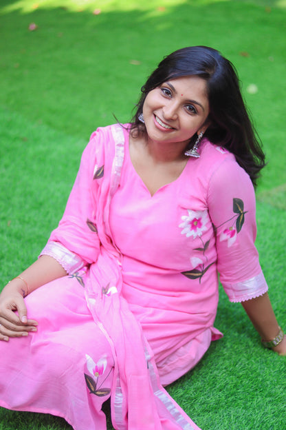 Baby pinky linen cotton workwear kurta sets with lining