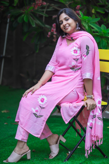 Baby pinky linen cotton workwear kurta sets with lining