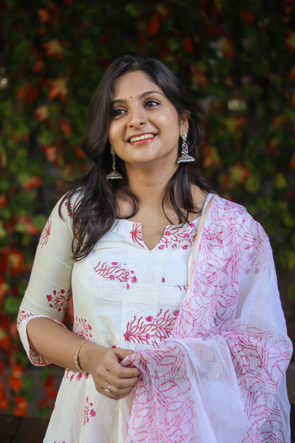 White & pinky Jaipur cotton workwear kurta sets