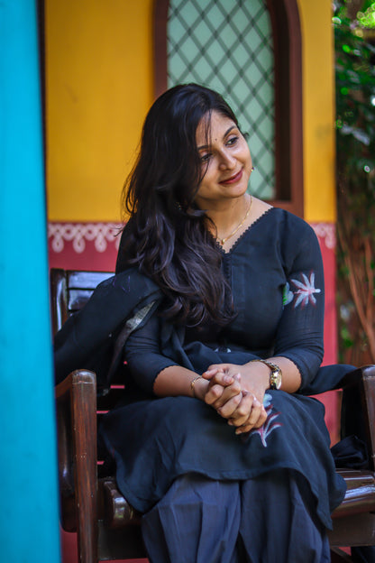 Black linen cotton workwear kurta sets with lining