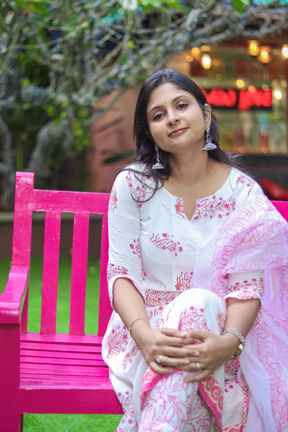 White & pinky Jaipur cotton workwear kurta sets