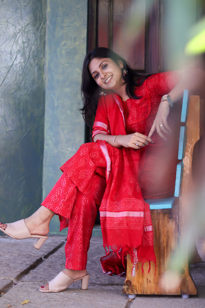 Cherry red linen cotton workwear kurta sets with lining