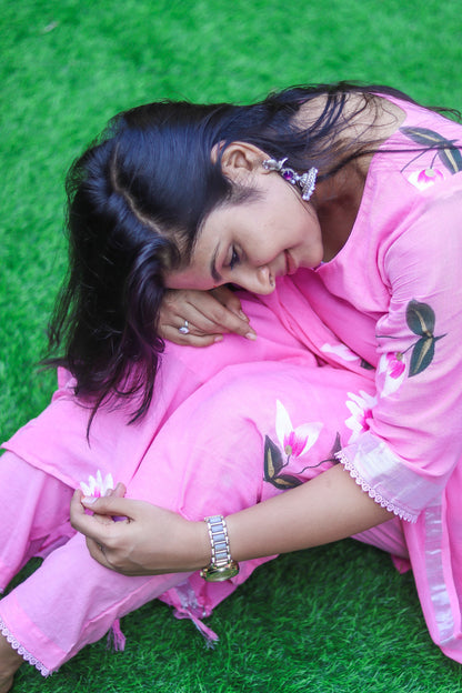 Baby pinky linen cotton workwear kurta sets with lining