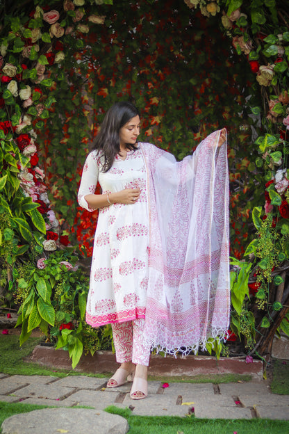 White & pinky Jaipur cotton workwear kurta sets