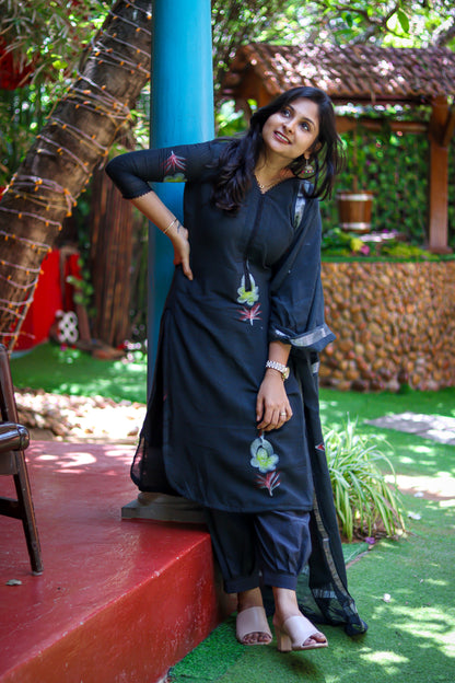 Black linen cotton workwear kurta sets with lining