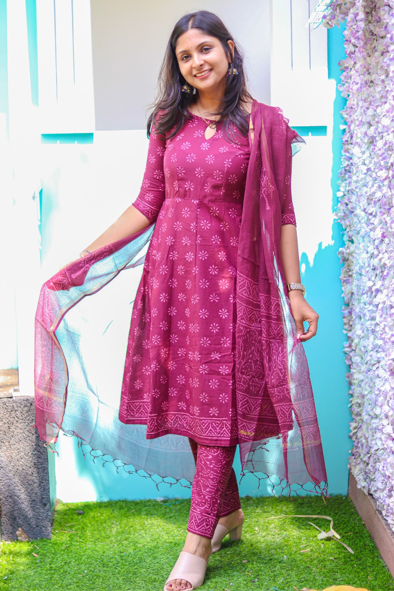 maroon hand lock print pure Jaipur cotton kurta sets