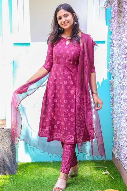 maroon hand lock print pure Jaipur cotton kurta sets
