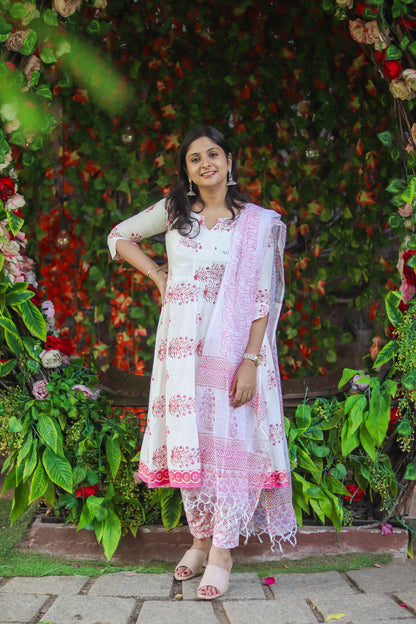 White & pinky Jaipur cotton workwear kurta sets