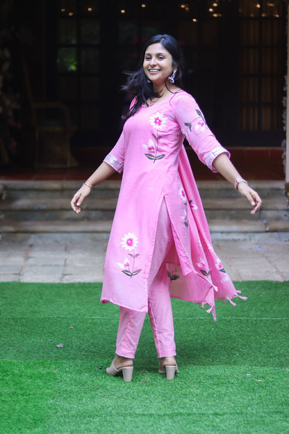 Baby pinky linen cotton workwear kurta sets with lining