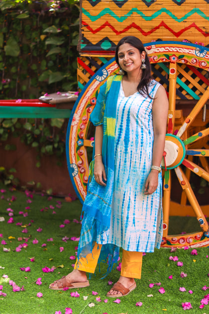 Yellow with blue tie&dye Jaipur cotton workwear kurta sets
