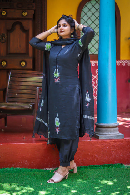 Black linen cotton workwear kurta sets with lining