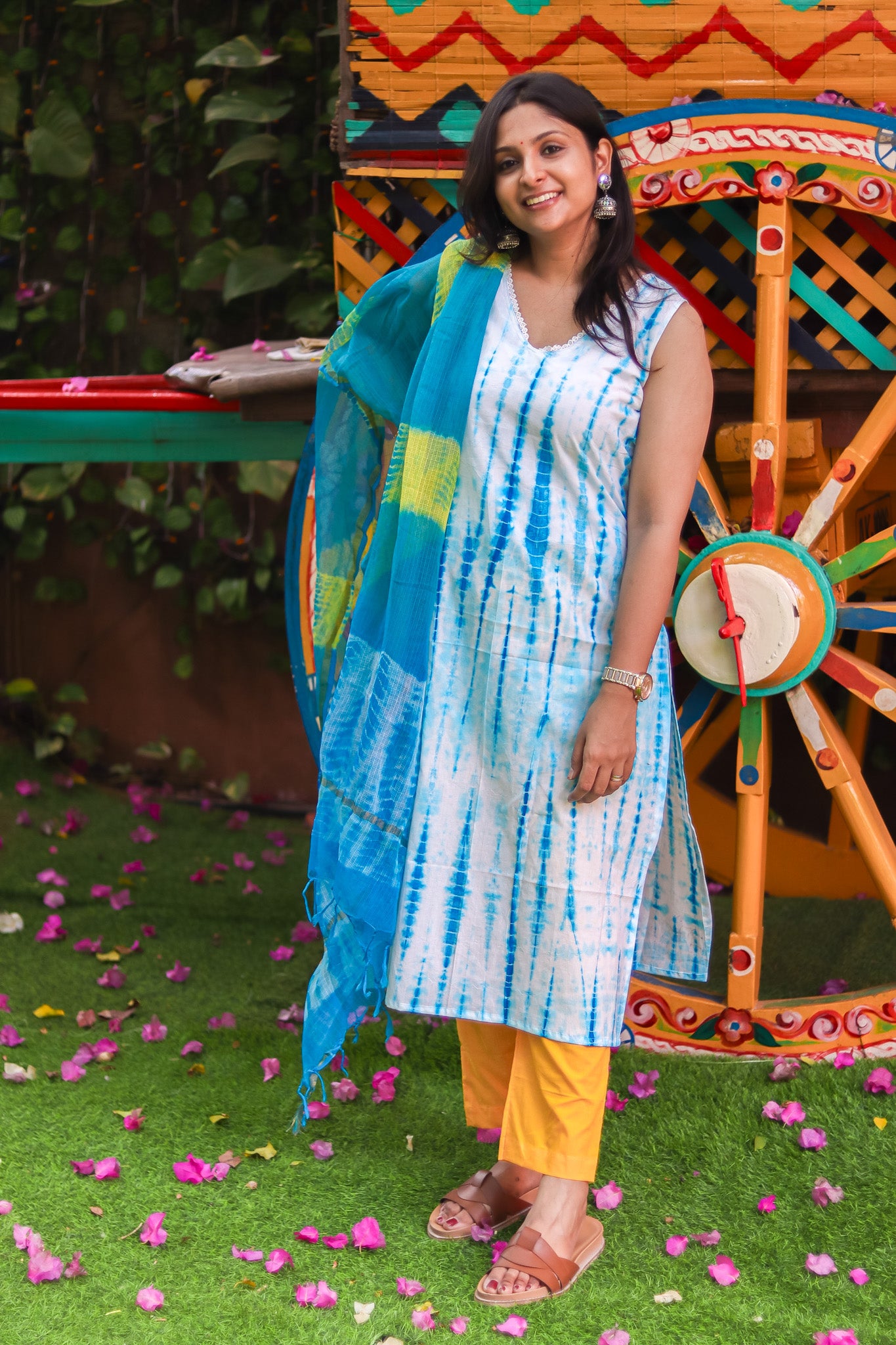 Yellow with blue tie&dye Jaipur cotton workwear kurta sets