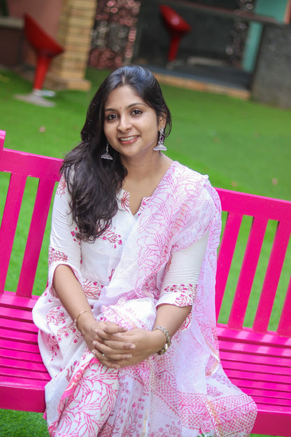 White & pinky Jaipur cotton workwear kurta sets