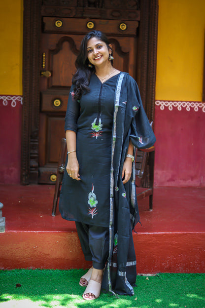 Black linen cotton workwear kurta sets with lining
