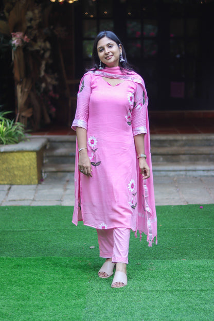 Baby pinky linen cotton workwear kurta sets with lining
