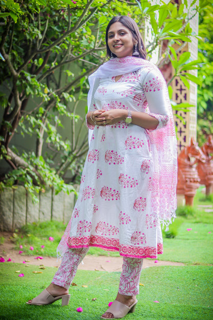 White & pinky Jaipur cotton workwear kurta sets