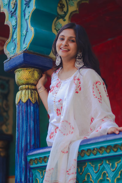 Off-white linen cotton workwear kurta sets with lining