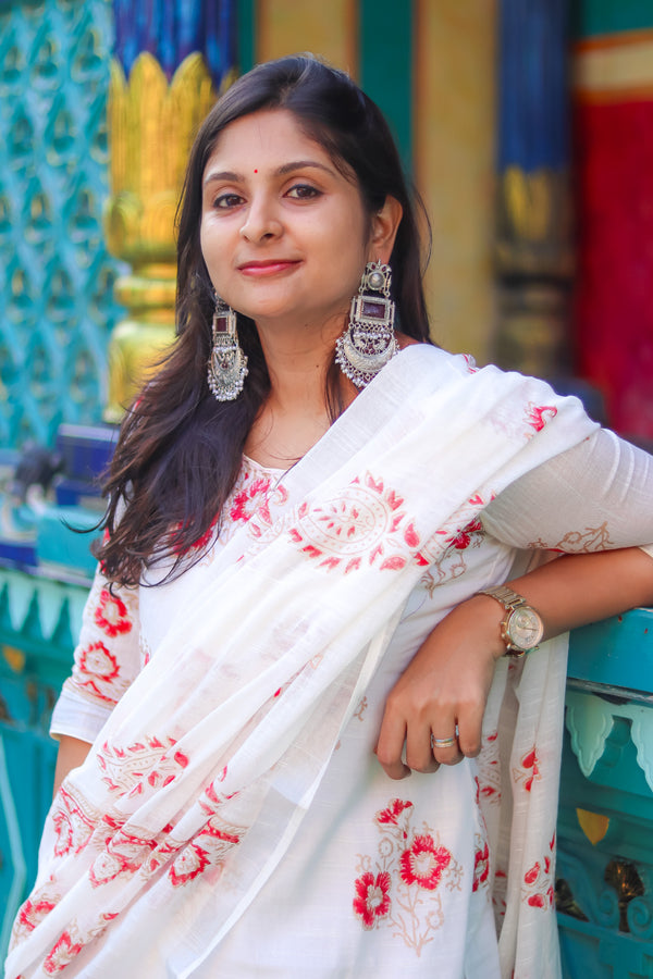 Off-white linen cotton workwear kurta sets with lining