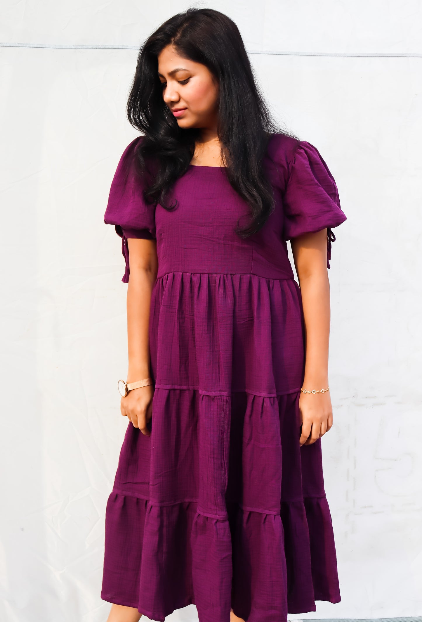 Purple solid women muslin maxi dress