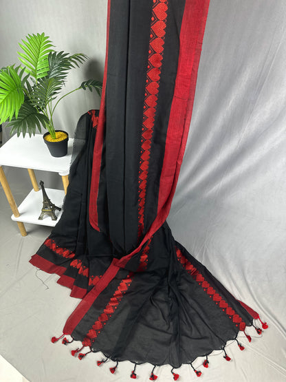 Black red heart handloom pure cotton saree