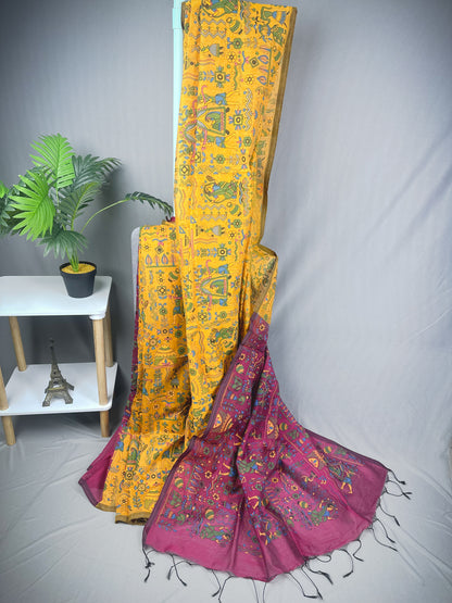 Yellow plum Madhubani print cotton saree with running blouse