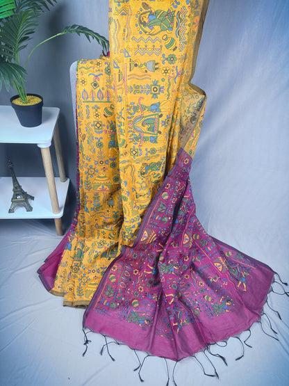 Yellow plum Madhubani print cotton saree with running blouse